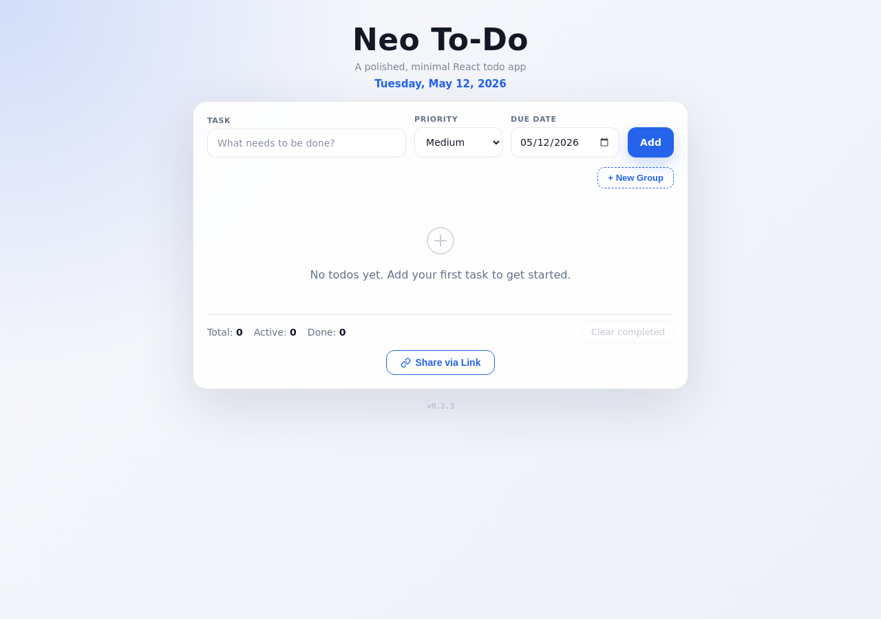 Neo To-Do v0.2.3 empty state — task input with priority and due date fields