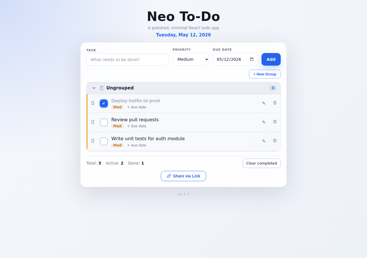Neo To-Do v0.2.3 task list — priority badges, drag handles, and group sections