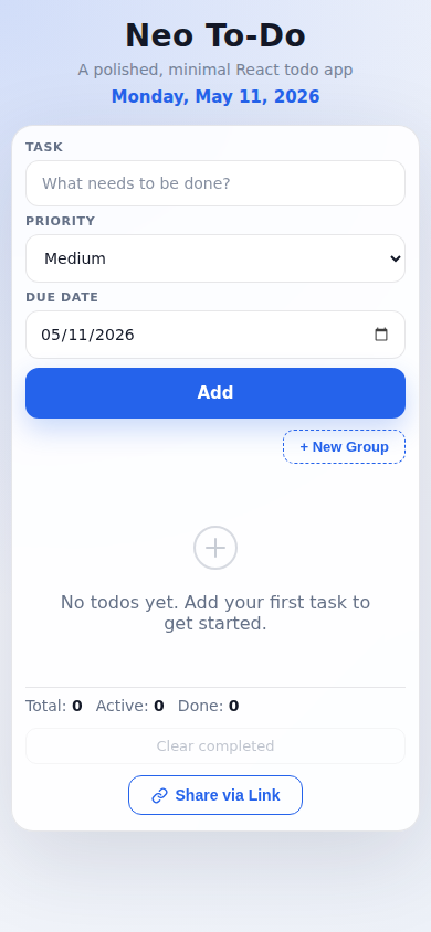 Neo To-Do on mobile — priority, due date, and group controls visible