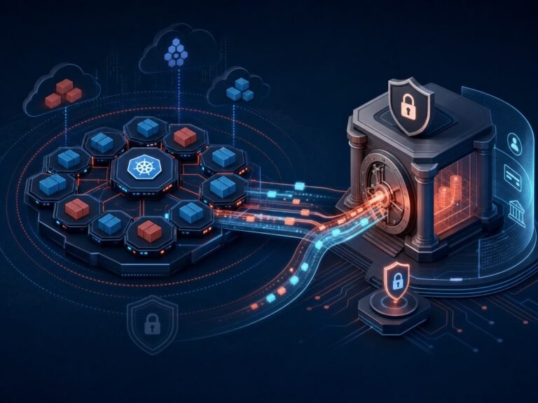 Isometric illustration of a Kubernetes container cluster linked by secure data pipelines to a bank vault, representing OpenShift running regulated banking and UPI payment workloads