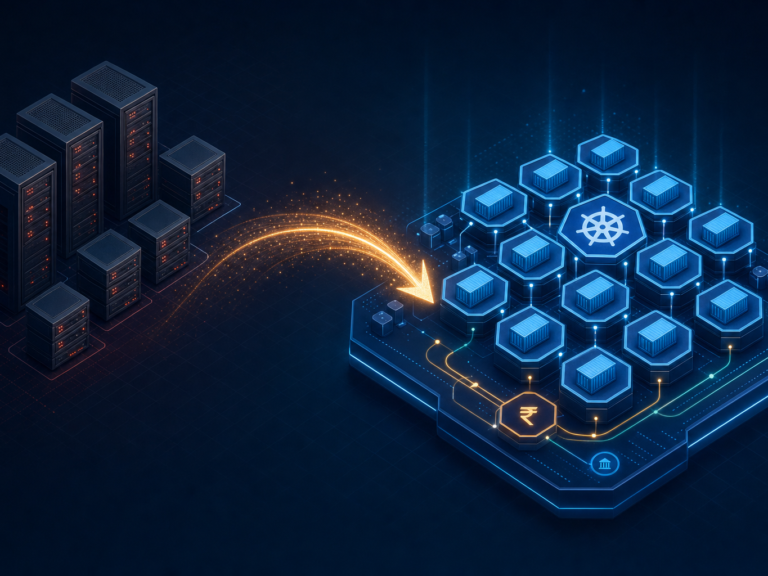 Isometric illustration showing legacy WebLogic server racks migrating via a glowing arrow to a Kubernetes cluster of hexagonal container pods, with a Kubernetes helm wheel and an Indian rupee symbol for UPI